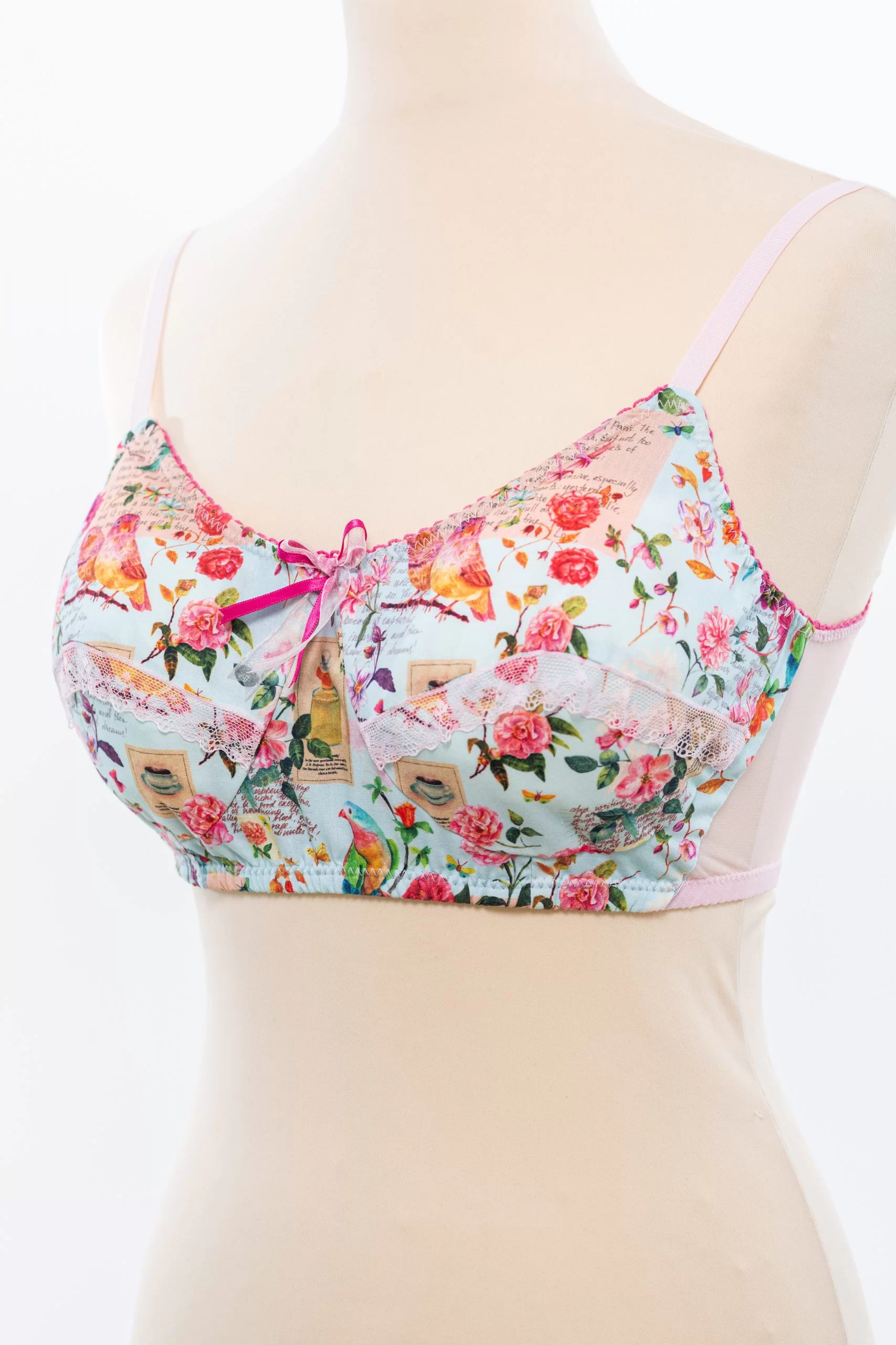 Soutien-gorge Agathe pour prothèses post-mastectomie Made in France imprimé fleurs et oiseaux Fais comme l’oiseau