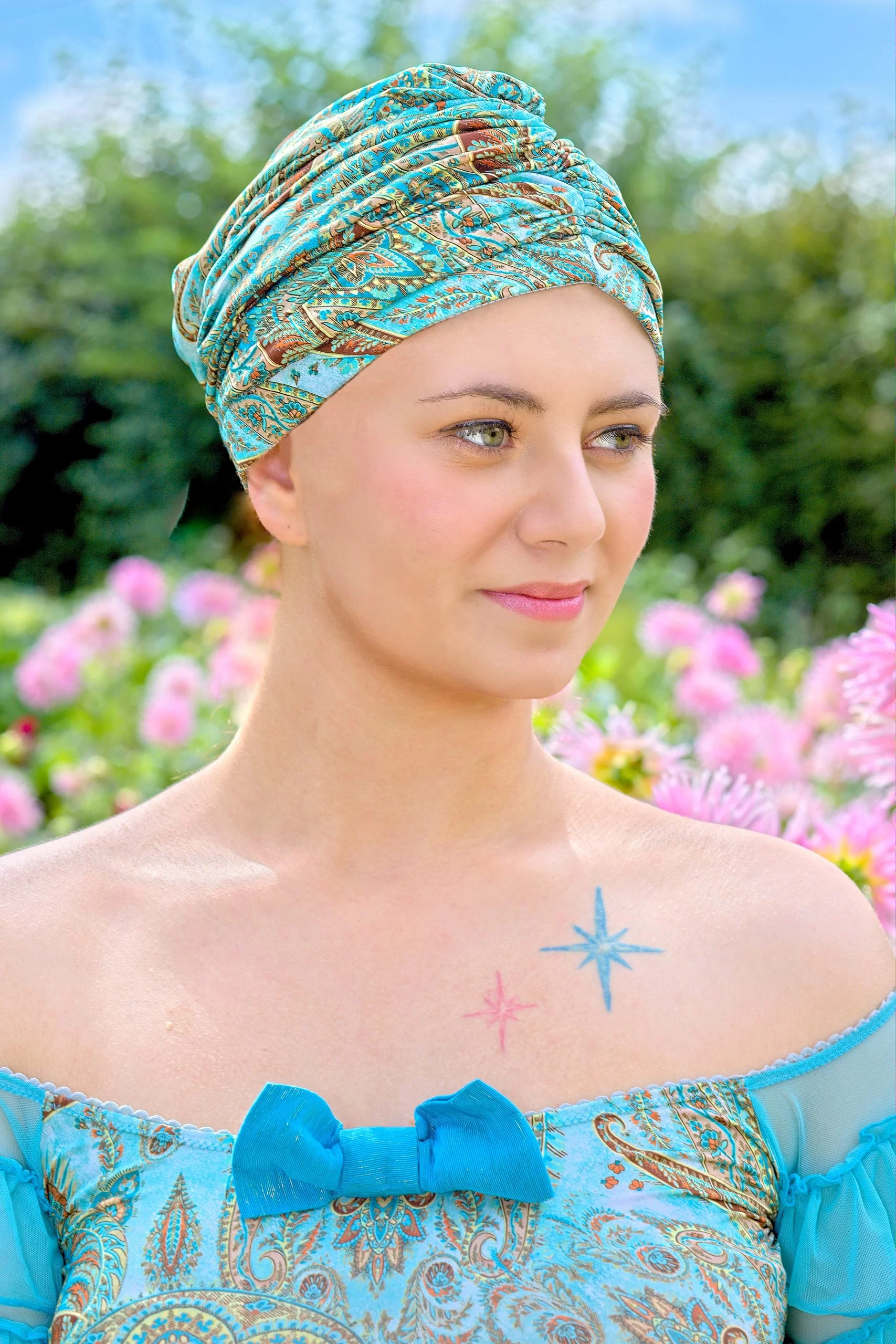 Turban femme made in France en lycra imprimé turquoise Paisley