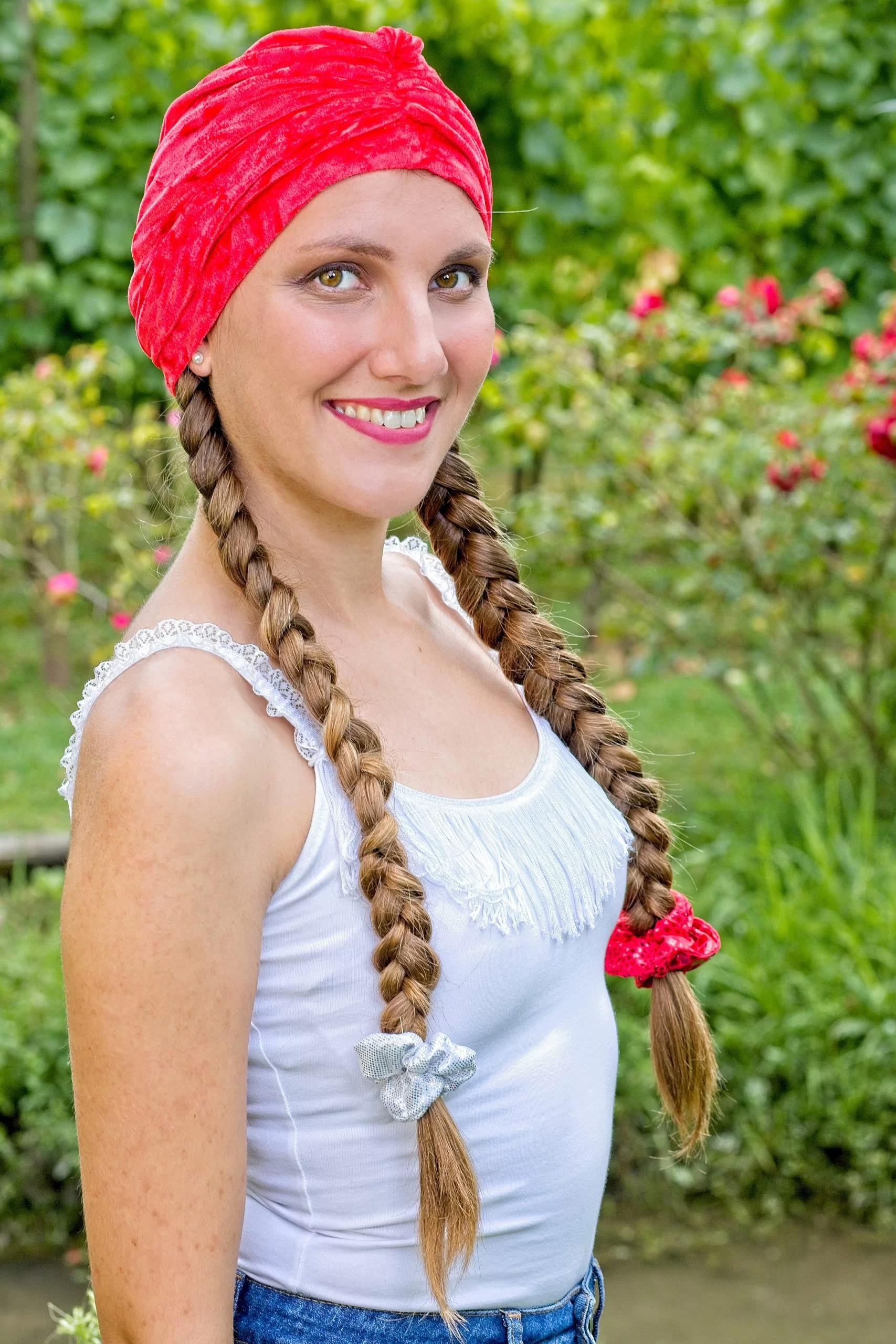Turban femme made in France en velours lycra rouge uni Rouge géranium – Image 4