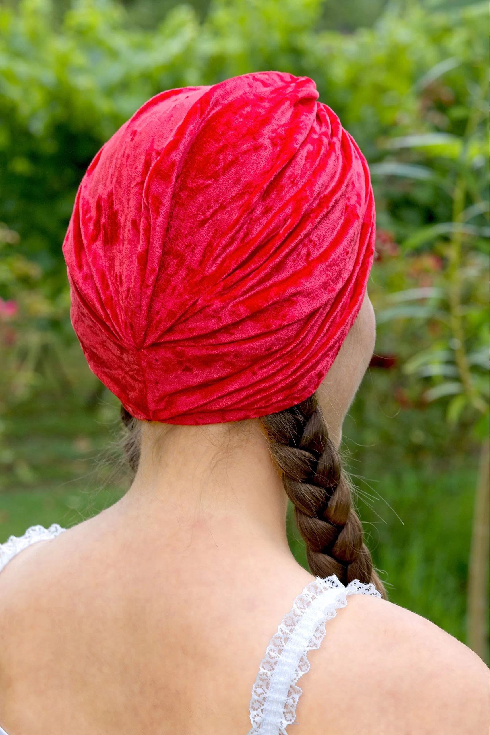 Turban femme made in France en velours lycra rouge uni Rouge géranium – Image 3